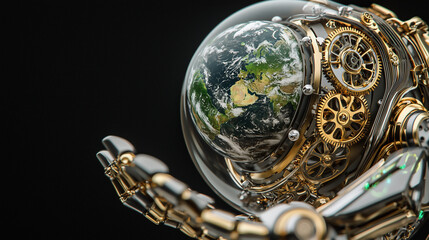 robotic arm with intricate gears gently cradles globe, symbolizing technology role in global stewardship. metallic and glass design highlights innovation and precision