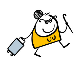 Old woman walks briskly with a suitcase on wheels. Vector illustration of a traveler with gray hair and glasses. Cartoon isolated stickman on white background.