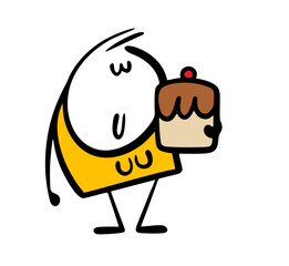 Doodle young girl hugs a delicious cake. Vector illustration of a woman who loves sweet desserts. Cartoon isolated stickman on white background.