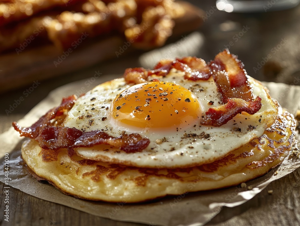 Poster delicious fried egg with crispy bacon on a stack of fluffy pancakes resting on a rustic wooden table