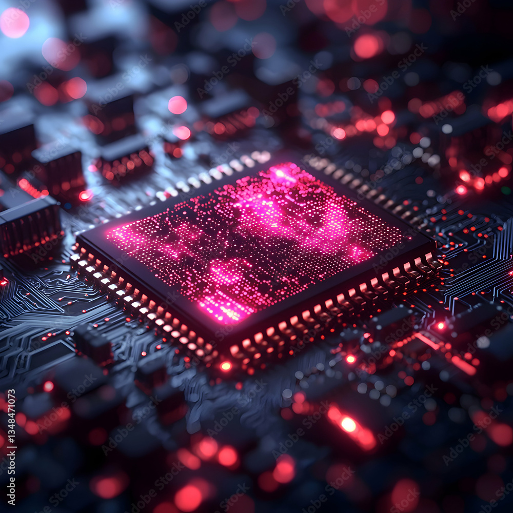 Aufkleber a close-up of a cpu with glowing pink binary code. ideal for technology websites, articles, or prese