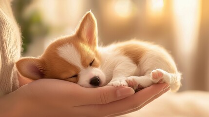 A tiny fluffy puppy curled up in someone's hands, peacefully sleeping, soft warm lighting, feeling of tenderness and love