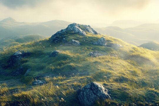 Serene misty morning over a rocky hilltop in a lush green landscape at dawn