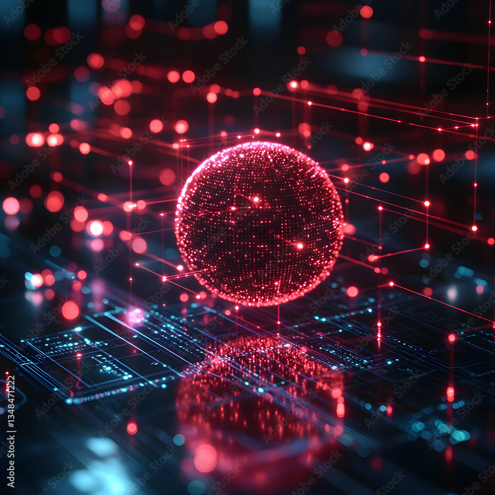 Poster a red glowing sphere of data hovers over a circuit board with connections visualized. perfect for te