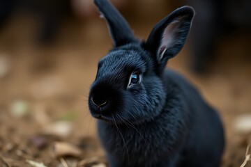 Fototapeta premium Focused Close-Up Highlights A Black Rabbit With Sleek Fur And Alert Expression, Showcasing The Beauty And Innocence Of Domestic Animals