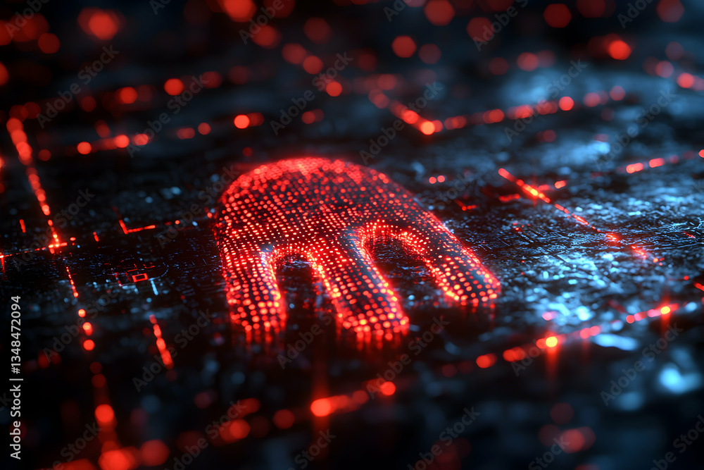 Poster a red glowing digital handprint on a dark circuit board. ideal for cybersecurity, digital identity, 