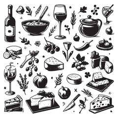 chalk food vector illustrations. wedding dinner icons, wine or champagne glass, cheese, and charcuterie drawings for wedding invitations, cafe menus, and parties.