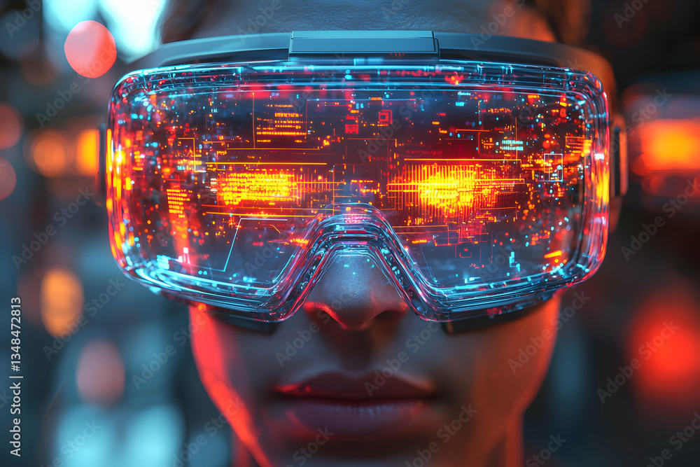 Aufkleber close-up of a person wearing futuristic augmented reality goggles displaying complex digital informa