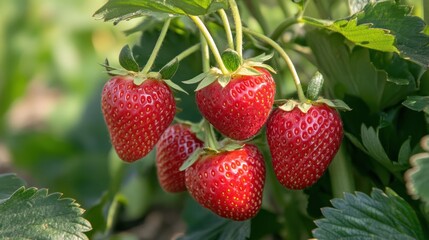 Fresh and Ripe Strawberries Hanging on the Vine in a Summer Garden