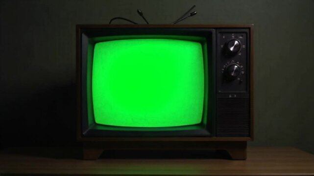 An old vintage TV powering on with a green screen display, perfect for video masking, chroma key effects, and retro-themed video editing