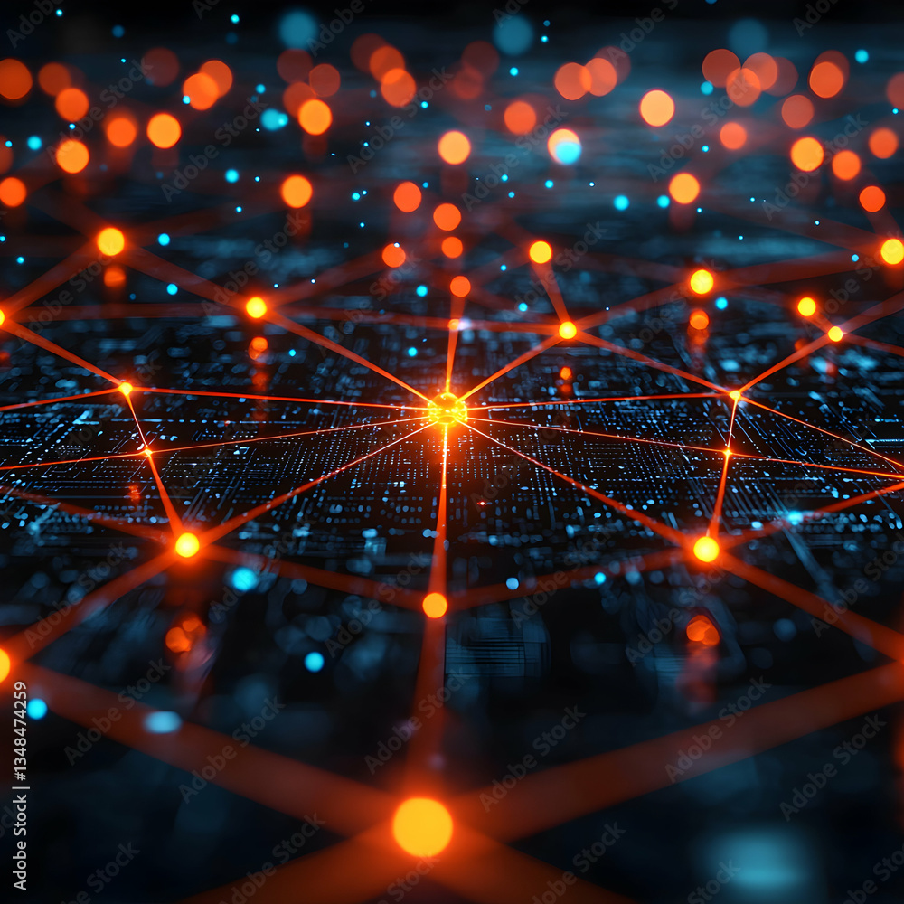 Aufkleber abstract glowing network connections and data transfer. technology background for internet or blockc