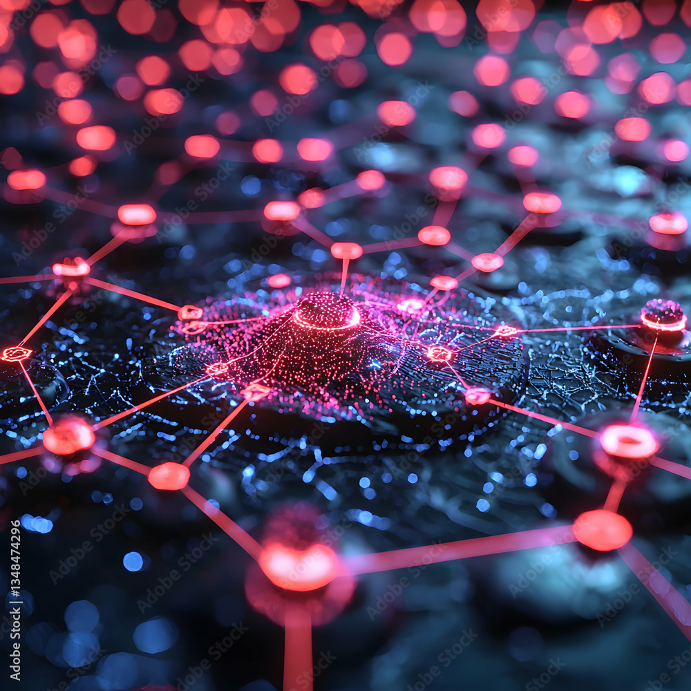 Aufkleber a digital network visualized with glowing nodes and connections. depicts data flow, network infrastr