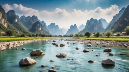 A scenic river landscape featuring lush greenery,