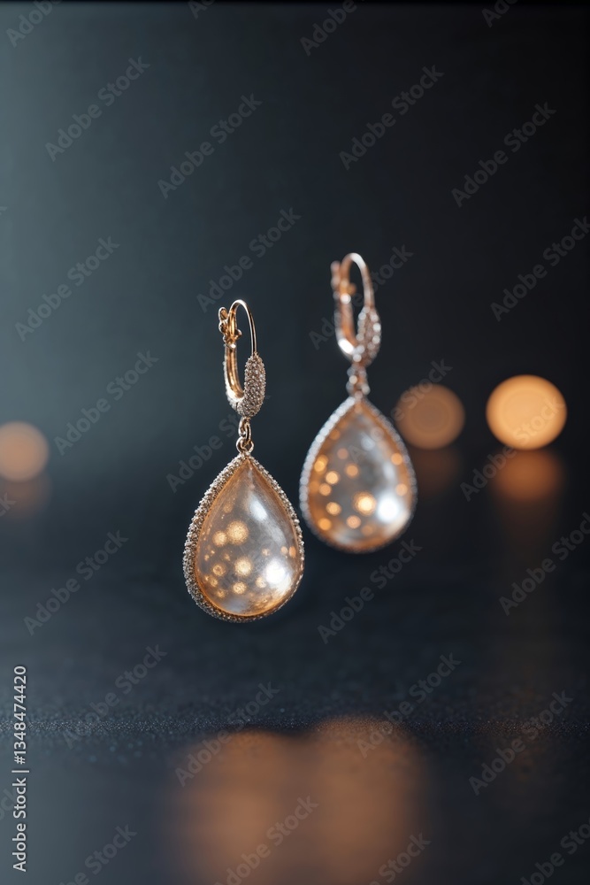 Poster elegant drop earrings highlighted against a soft background with bokeh lights in a dimly lit setting