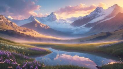 Majestic Mountain Vista: A breathtaking panorama of snow-capped mountains, their peaks kissed by the soft hues of dawn, reflecting in a tranquil river that meanders through a verdant valley.