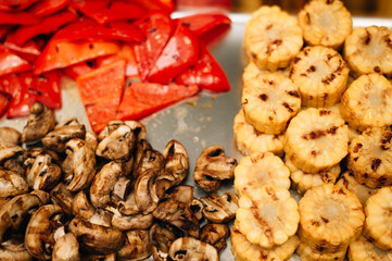 Grilled peppers, corn and mushrooms