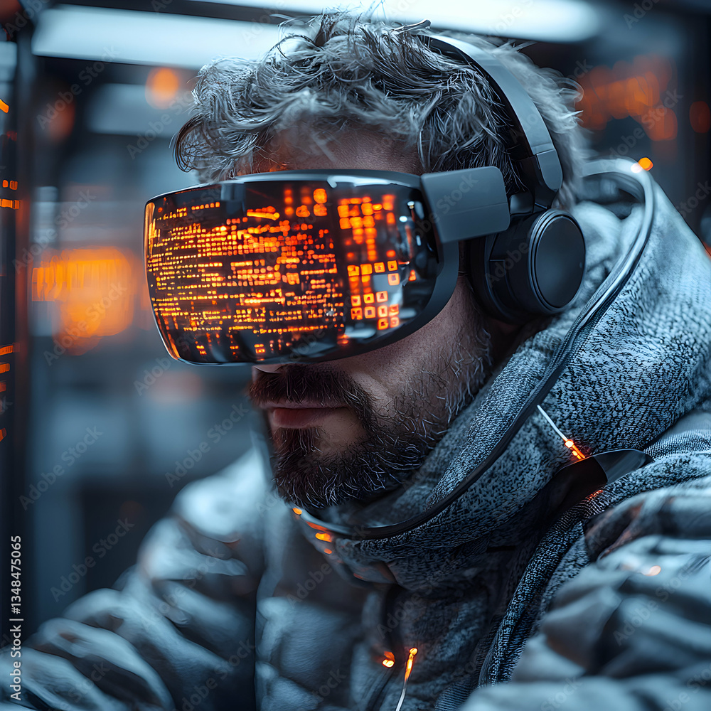 Poster a man with augmented reality glasses views lines of code in a futuristic setting. ideal for showcasi
