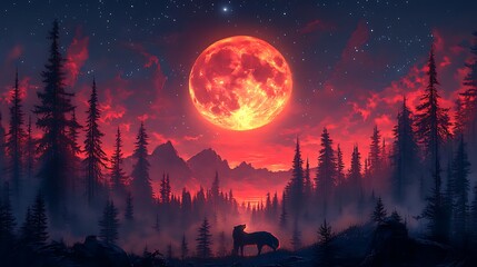 Howling wolf beneath glowing moon at twilight high resolution image