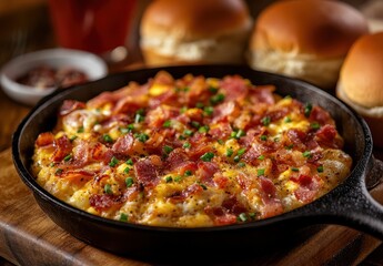 Delicious Hot Bacon Cheddar Omelette with Fresh Chives Served in a Cast Iron Skillet Alongside Soft Rolls and Spicy Sauce on a Wooden Table