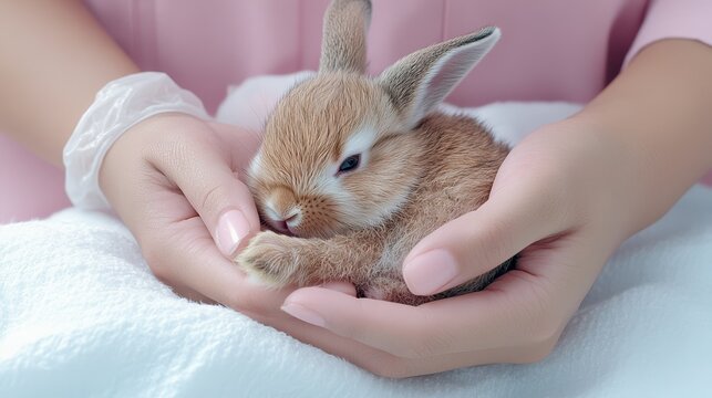 Caring hands tenderly cradle a vulnerable baby bunny, providing warmth and comfort - Powered by Adobe