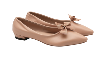 Pair of elegant light brown women's flat shoes with bow on transparent background