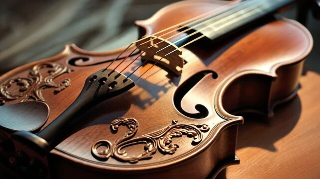 String Instrument's Detailed Elegance: A detailed close-up view of a violin showcasing its fine craftsmanship and elegant design, a captivating image for music lovers and instrument enthusiasts.