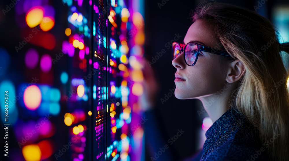 Poster data insights: a woman analyzing a luminous data display, illuminating the path to innovative soluti
