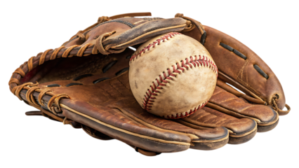  vintage baseball glove holding an old baseball on white background PNG.AI GENERATED