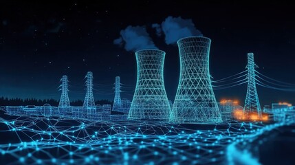 Futuristic Low Poly Illustration of Nuclear Power Plant Emitting Blue Glowing Energy Waves Against Dark Background, Modern Technology Theme with Cyan Shades, Electrical Towers and Lines