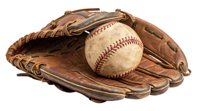  vintage baseball glove holding an old baseball on white background PNG.AI GENERATED