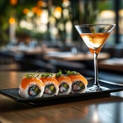 japanese food sushi served on black flat plate with martini glass, expensive restaurant, blur background, minimalist photo, food photography