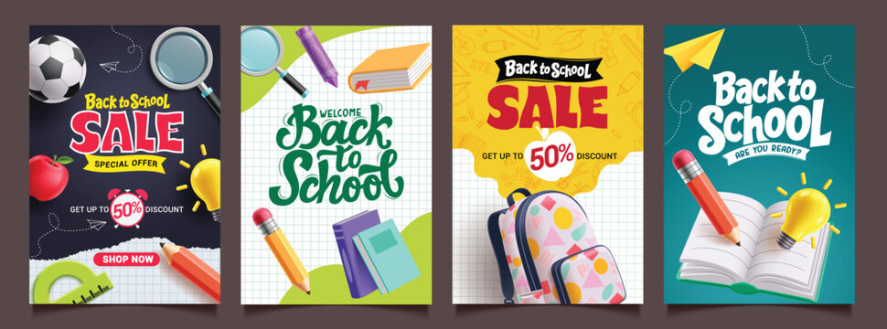 Back to school sale clipart poster set. School sale promo discount offer with educational materials, elements and items clip art for shopping advertising banner collection vector illustration. 
