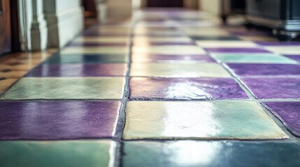 Patterns of purple and green tiles on a floor mat indoor space artistic viewpoint visual chaos