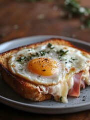 A toasted bread slice topped with egg and cheese