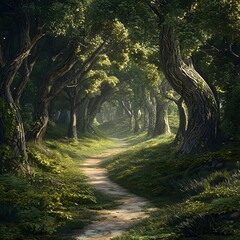 Obraz premium A Majestic and Enchanting Digital Painting of a Winding Forest Pathway Surrounded by Verdant Trees and Gnarled Branches bathed in Soft, Ethereal Light