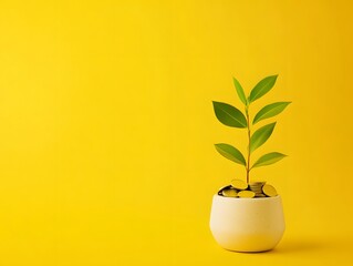A small vibrant plant sprouts from gold coins in a pot against a yellow background symbolizing growth and financial literacy program potential