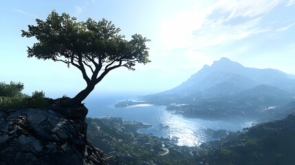 Obraz premium Scenic Landscape View Featuring Tree on Cliffside with Ocean and Mountains under Bright Sky