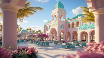 Naklejka premium Tropical Getaway: The Pink Palace and Turquoise Tower Oasis, a Summer Dream