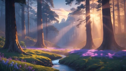 Enchanted Forest: Sunlight streams through towering trees, illuminating a serene forest scene with a winding river and vibrant wildflowers, creating a sense of magic and tranquility.