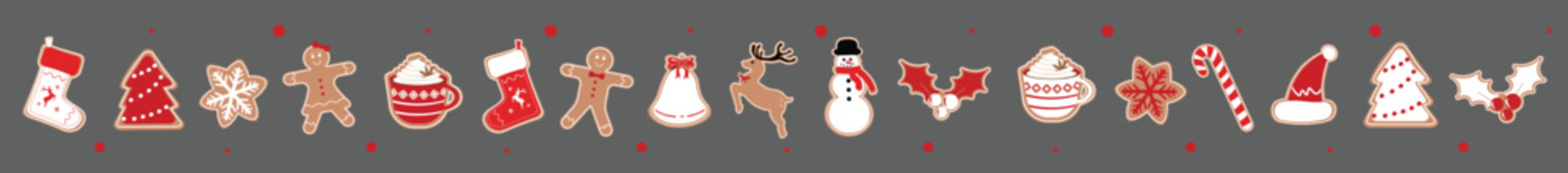 Christmas Gingerbread Cookies Set. Vector Cookies Collection Isolated on Transparent Background New Year Sweet Ginger Biscuits Snowman, Santa hat, Xmas tree, snowflake, candy cane, deer and else.
