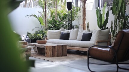 Modern outdoor patio lounge area with lush greenery
