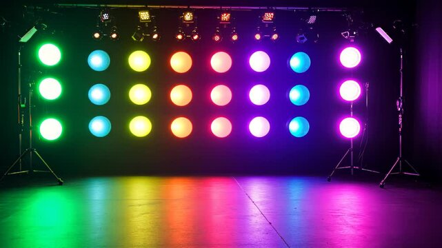 Dynamic stage lighting display with vibrant colors , changing hues