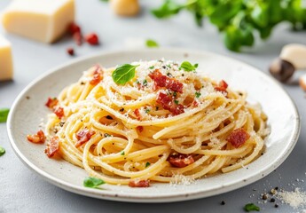 Delicious plate of spaghetti with crispy bacon, parmesan cheese, and fresh herbs on a light background for culinary, food, and dining inspiration