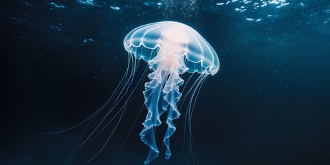 Glowing Jellyfish in Dark Aquatic Setting.