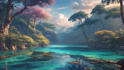 Emerald River: A picturesque river winds through a lush, verdant landscape, reflecting the vibrant colors of nature in its tranquil waters, evoking a sense of peace and serenity.