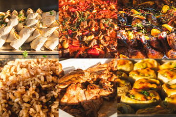 Mediterranean Cuisine Collage. Baked Artichokes, Stewed Meat with Vegetables, and Doner Kebab