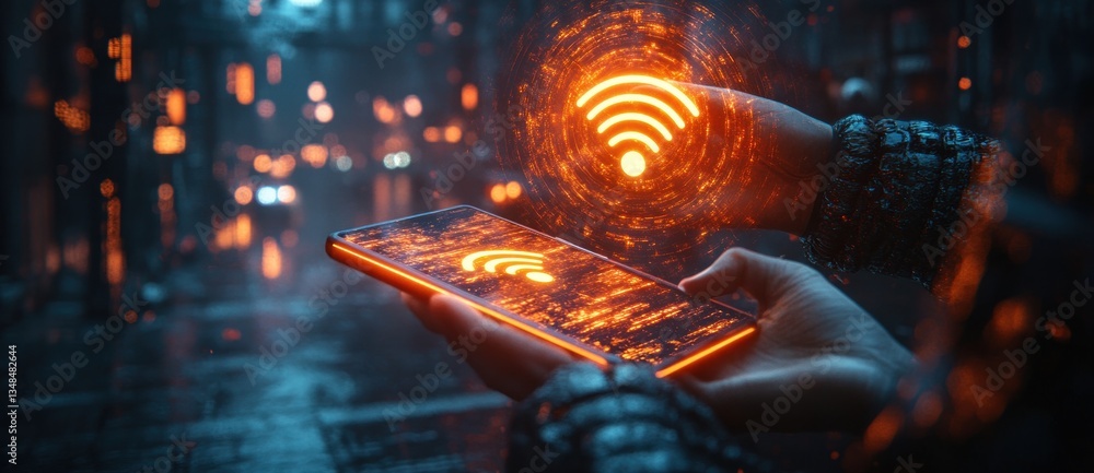 Poster futuristic high-speed wi-fi connection concept with smartphone in cyberpunk style