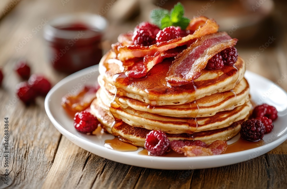 Poster delicious stack of fluffy pancakes topped with crispy bacon and fresh raspberries, drizzled with map