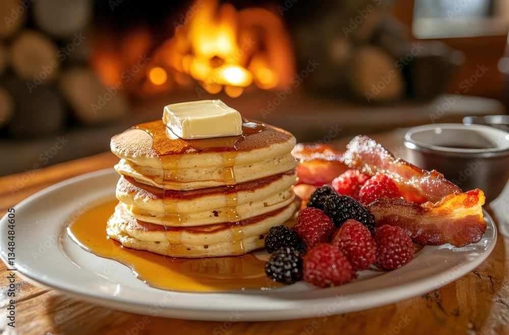 Poster delicious stack of fluffy pancakes with butter and maple syrup served with crispy bacon and fresh be