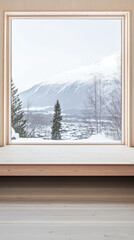 Winter landscape view from a cozy cabin with snow-capped mountains